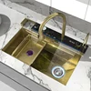 Golden Stainless Steel Sink Household Honeycomb Embossed Booster Pull Out Faucet Cup Washer Waterfall Large Single Kitchen Sink 1