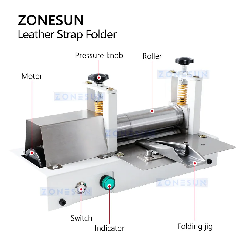 ZONESUN ZS-LSF2 어깨 스트랩 가죽 라미네이팅 접이식 기계, 가장자리 씰링 기계, 수동 가죽 벨트 롤링 기계