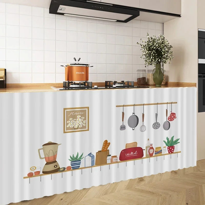 Odot Rideaux Armoire Cuisine Courte Moderne Rideau Placard De Cuisine Anti- Poussière Occlusion Auto-adhésifs Sans Perçage Pour Sous Evier, Porte De Placard, Étagères (Vaisselle 7,L100 X H140 Cm