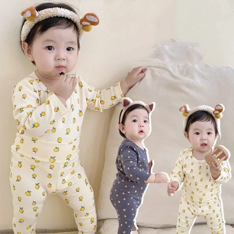 Toddler Underwear Suits Pure Cotton Warm High Waist Pants+Long Sleeve O-neck Top Sets Baby Girls Boys 0-3years Pajamas