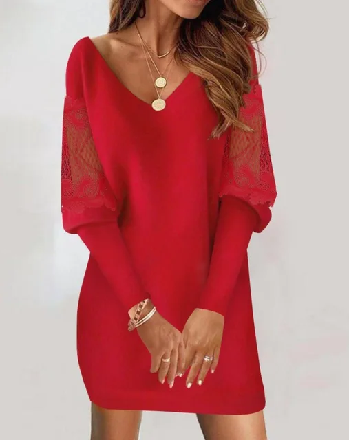 Mini abito elegante Abito longuette a maniche lunghe da donna Autunno e inverno Abiti bianchi casual con scollo a V alla moda in pizzo con ritaglio sfocato 3