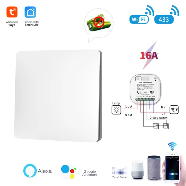 Self Powered Smart Wireless Switch Household Waterproof Tuya Wifi Smarthome Remote Switches Supports Alex AI Voice Control