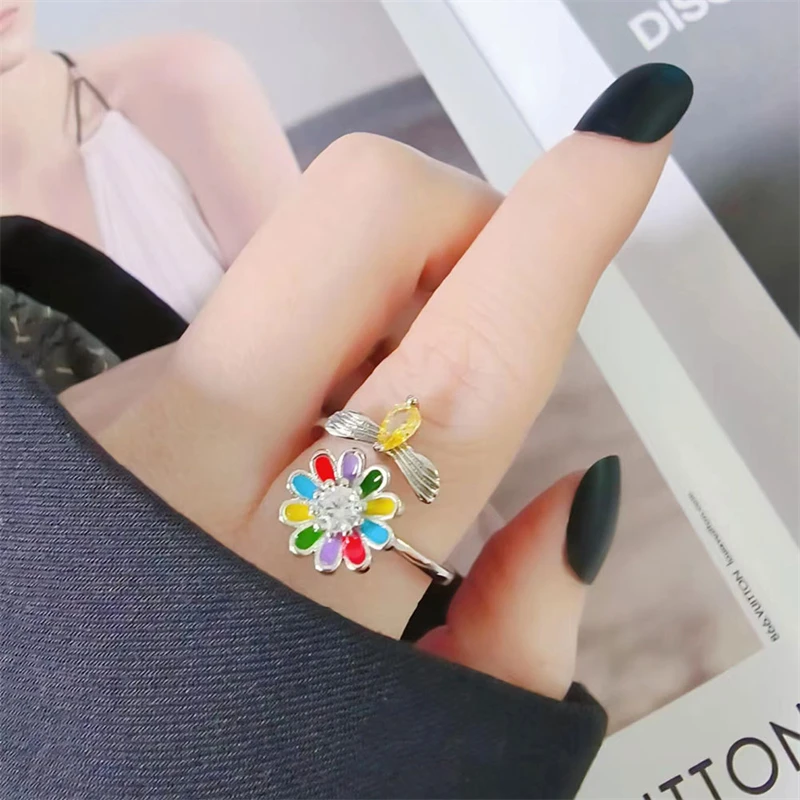 WYEAIIR Cute Bee Flower Colorful Zircon Rotatable 925 Sterling Silver Resizable Opening Ring For Women Luxury Jewelry 2