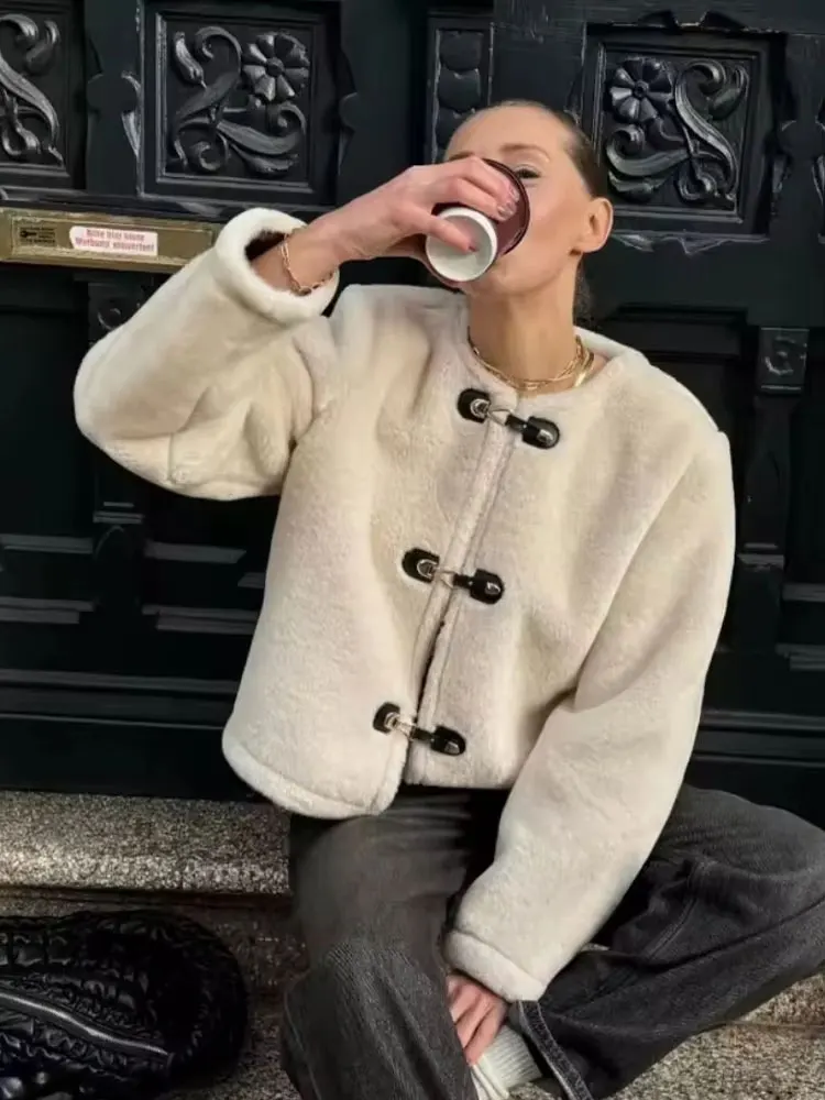 HH Autumn Women Fashion Faux Lamb Wool Short Coat O Neck Long Sleeve Jacket Woman Casual Solid Office Lady Chic Outerwear Tops