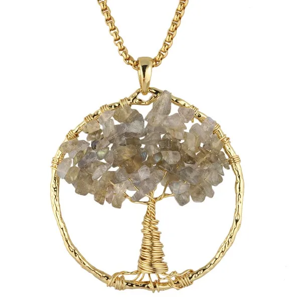 

SUNYIK Tree of Life Pendant Golden Tone Wire Wrapped Tumbled Stone Chips Round Shape Fashion Women's Jewelry