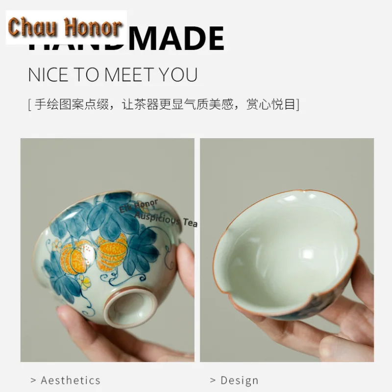 90ml Hand-painted Pumpkin Teacup Aesthetic Tea Bowl Mug Tea-tasting Smelling Cup Jianzhan Master Cups Household Teaware Supplies