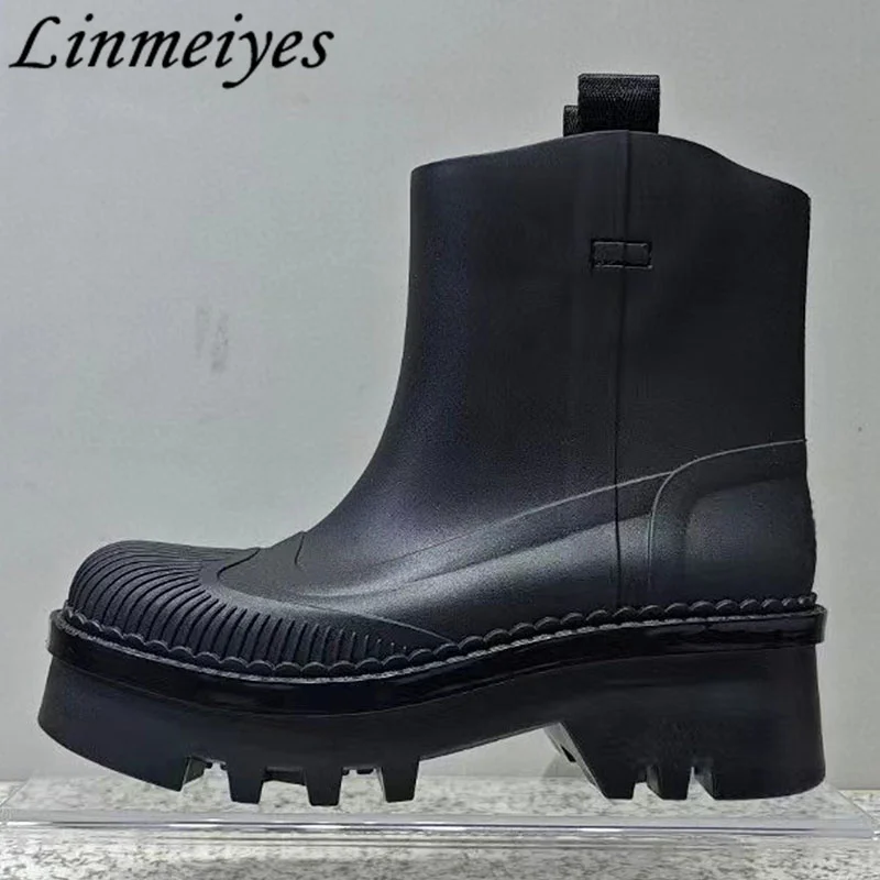 

Hot Sales Thick Sole Rain Boots Women Rubber Waterproof Short Boots Female Round Toe Square Heels Runway Ankle Boots Woman
