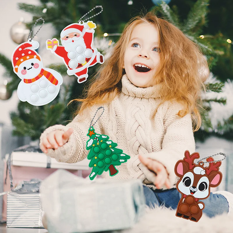 1/3/5Pcs Christmas Pop Keychain Fidget Toys Silicone Bubble Xmas Tree Ornament Stocking Stuffers Kids New Year Party Gift Favors