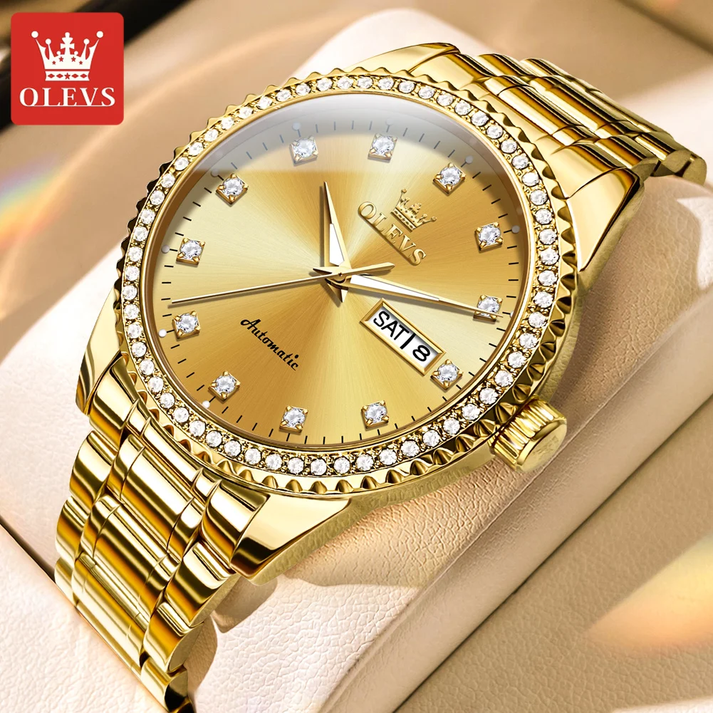 OLEVS New Fashion Gold Mechanical Watch for Men Luxury Stainless Steel Strap Waterproof Luminous Week Date Business Mens Watches