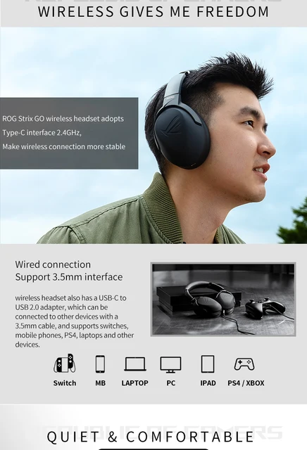 ASUS ROG Strix Go 2.4 Auriculares inalámbricos para juegos con adaptador  USB-C de 2.4 GHz | Micrófono con cancelación de ruido alimentado por IA 