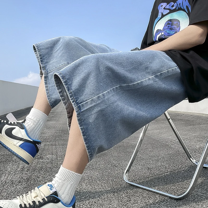 Solid Color Denim Shorts Jeans Men Loose Straight Cut Retro Blue Male Hip Hop Shorts Men Summer Distressed Big Size B70