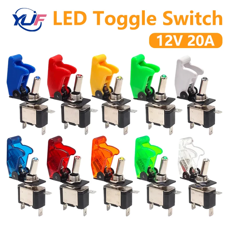 SPST 토글 로커 스위치 LED 스위치, 보호 커버 포함, 자동차 자동 커버, 제어 켜기/끄기, 12V 20A, 5 세트, 20 세트