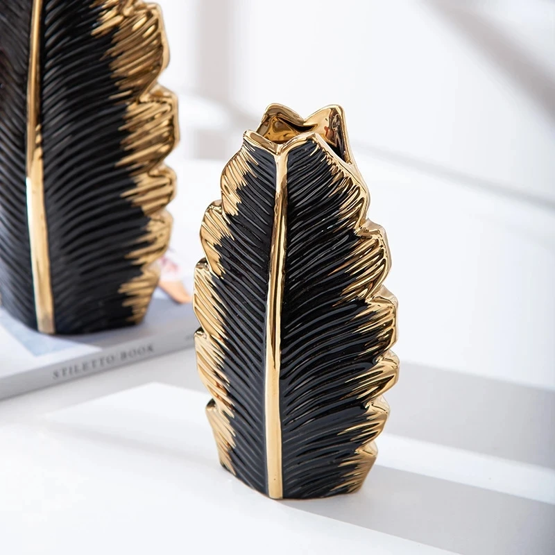 2Pcs/Nordic black gold plating leaf ceramic vase Modern simple household TV cabinet decoration vase 5