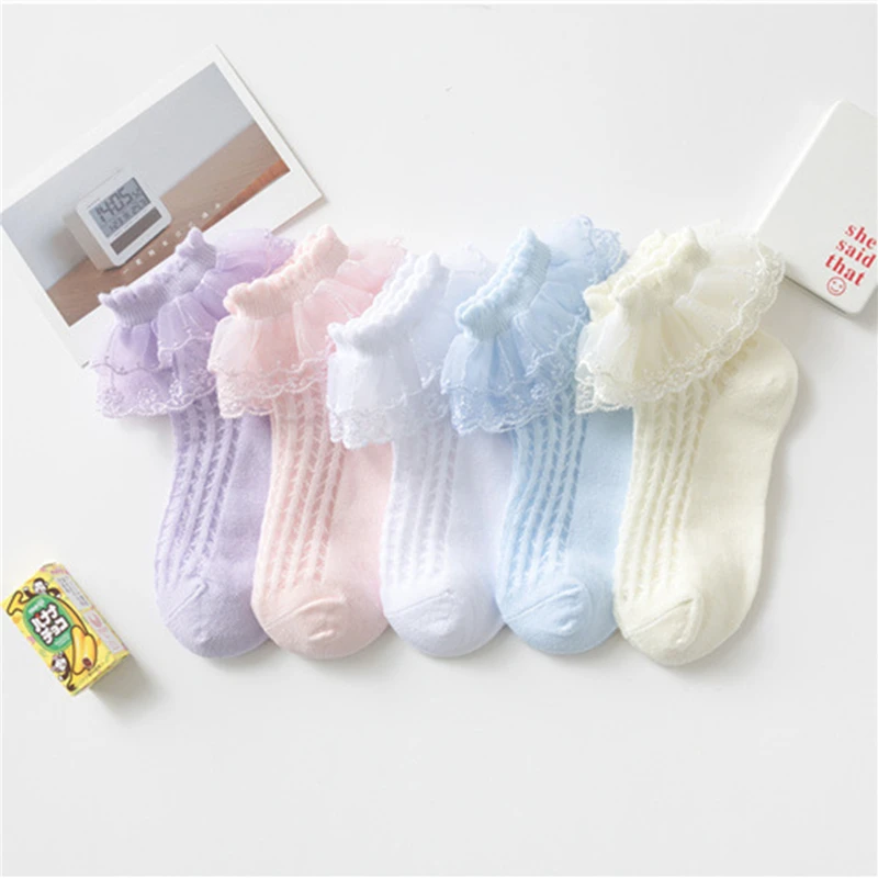 Fashion Newborn Toddlers Girls Lace Ruffled Socks Frilly Cotton Ankle Socks with Lacework Decoration 1-10Y