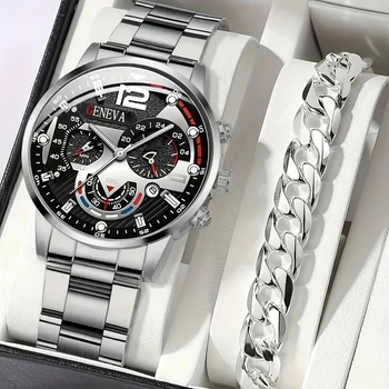 2Pcs Hot Selling Fashion Light Luxury Stainless Steel Commuter Unisex Quartz Watch Bracelet Set, Ideal for Holiday Gifts 1