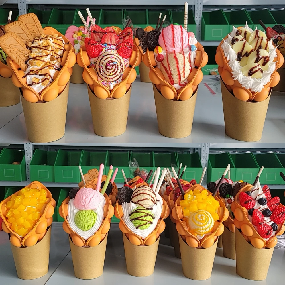 Fruits Bubble Waffle Model Ice Cream Order Display Sample Decoration Artificial Plastic Street Snacks Long Life Whipped Cream food model kitchen food toys