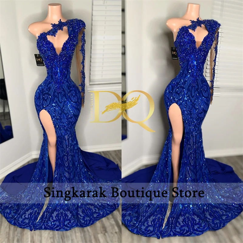 

Sparkly Royal Blue Diamonds Mermaid Prom Dress Glitter Sequins Gown Bead Crystal Rhinestones One Sleeve Birthday Party Dress