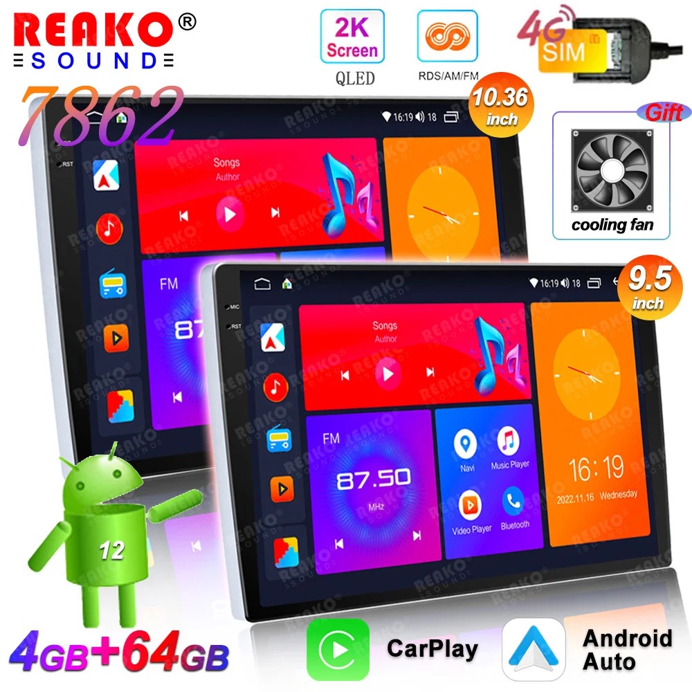 REAKOSOUND 범용 자동차 라디오 멀티미디어 플레이어 카플레이, 안드로이드 12, 9.5 인치, 10 인치, 8 코어, 8 ...