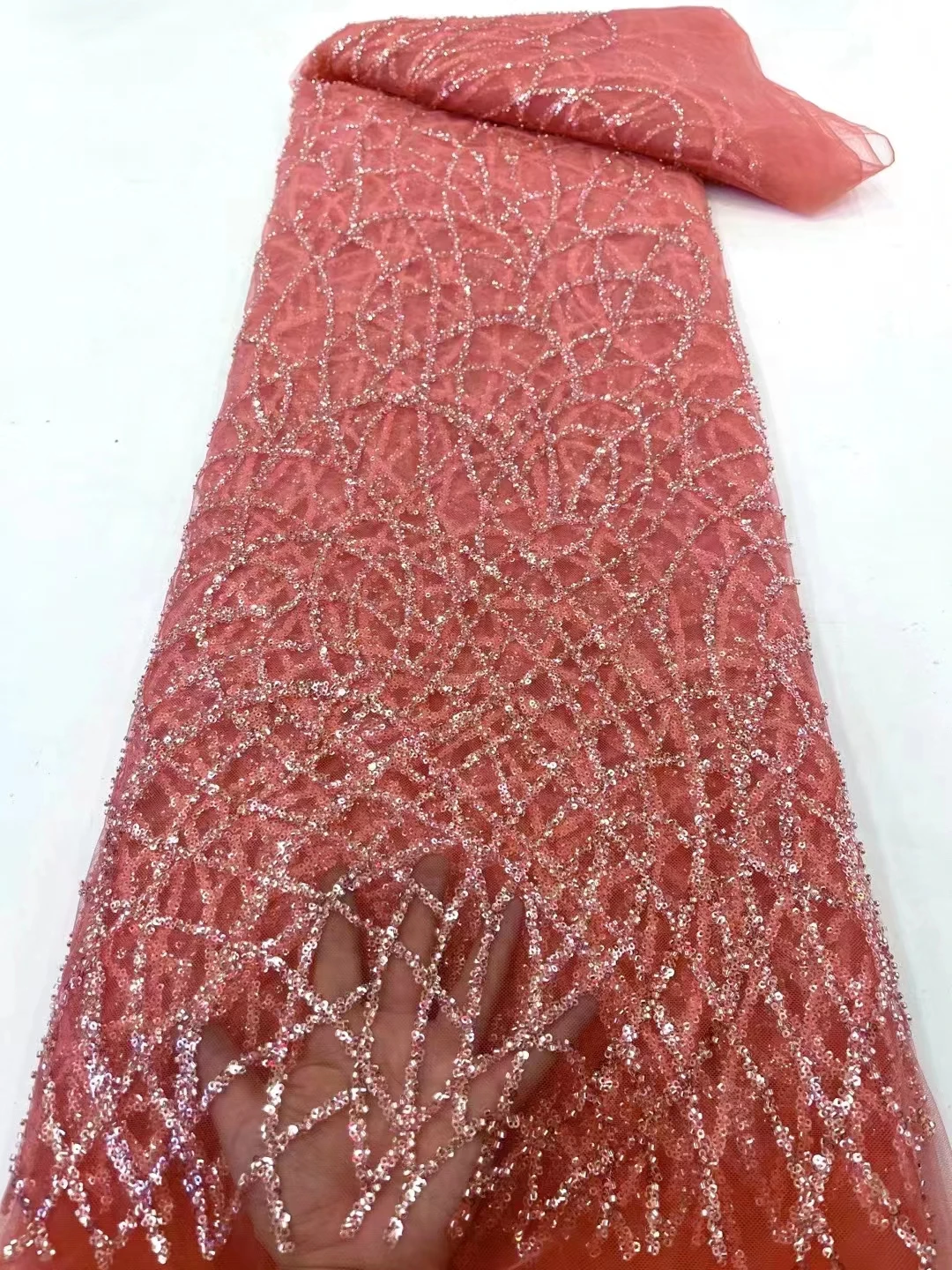 

Explosive boutique striped bead tube sequined lace mesh, high-end wedding dress cheongsam costume fabric