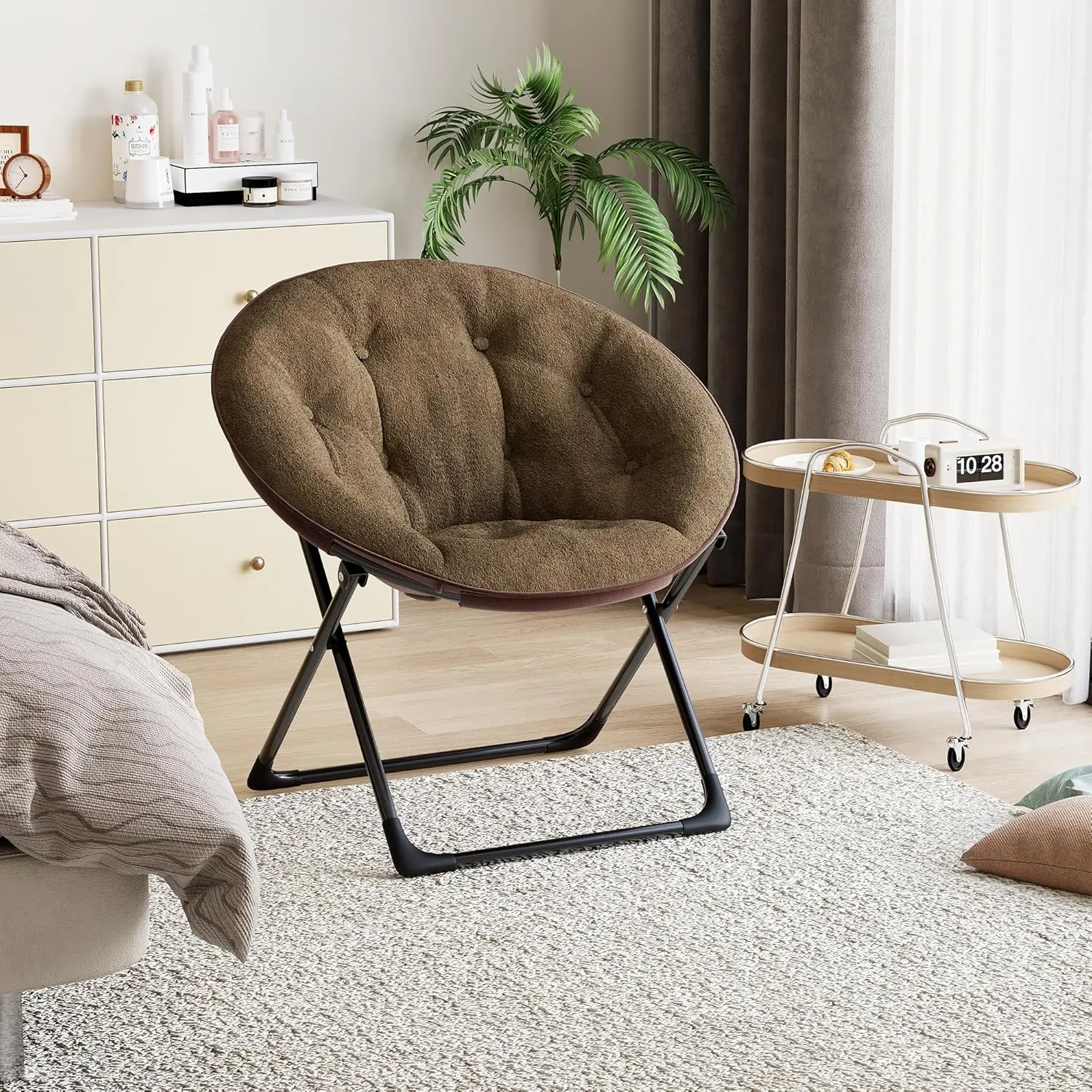 Saucer Chair Klappbarer Kunstfell-Loungesessel mit Metallrahmen, Tragbarer Weich Gepolsterter Sitz Gemütlicher Mondsessel für Wohnzimmer und Studentenwohnheim – Detail 6