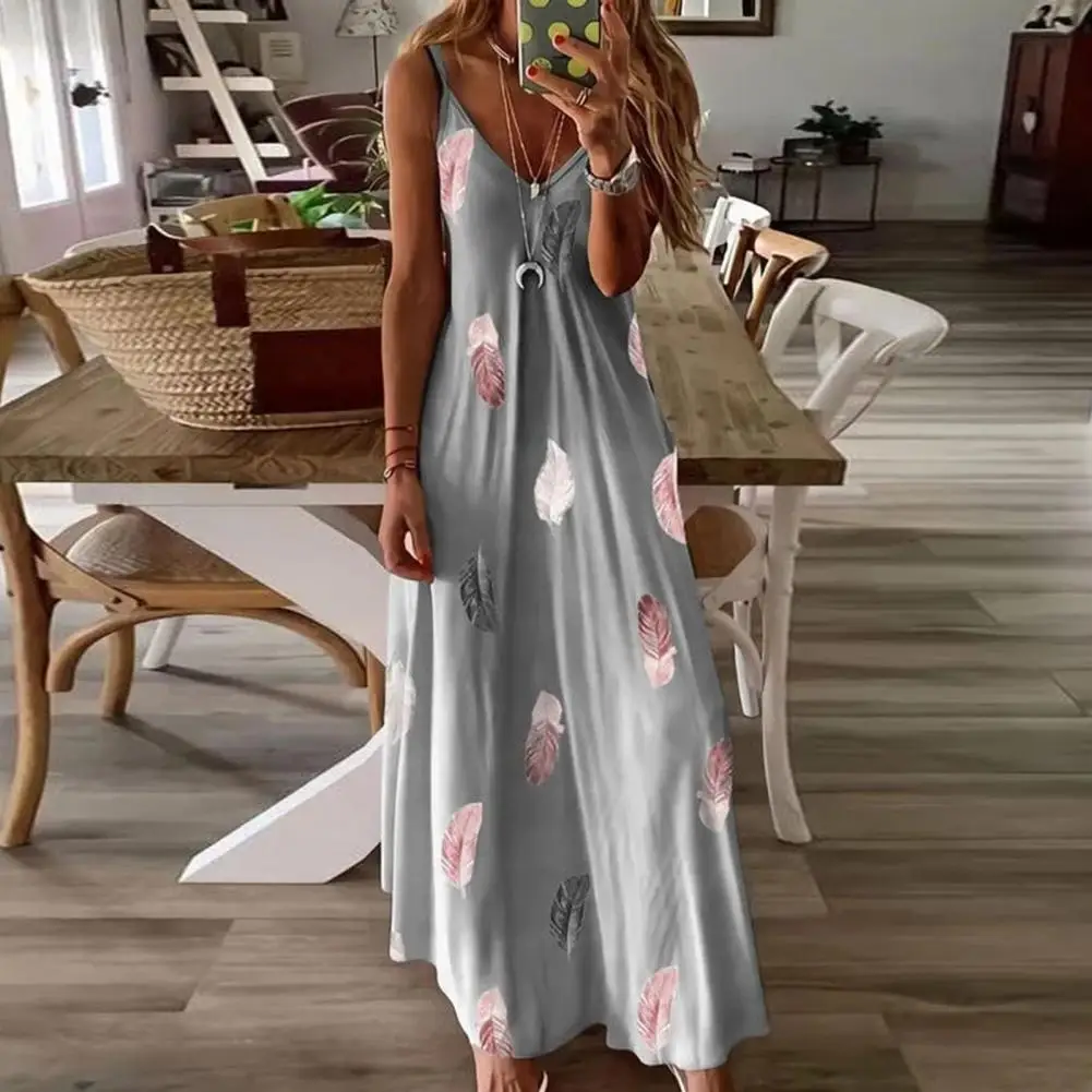 

Summer Sundress Bohemian Style Feather Maxi Dress for Summer Vacation V Neck A-line Ankle Length Strappy Dress with Retro