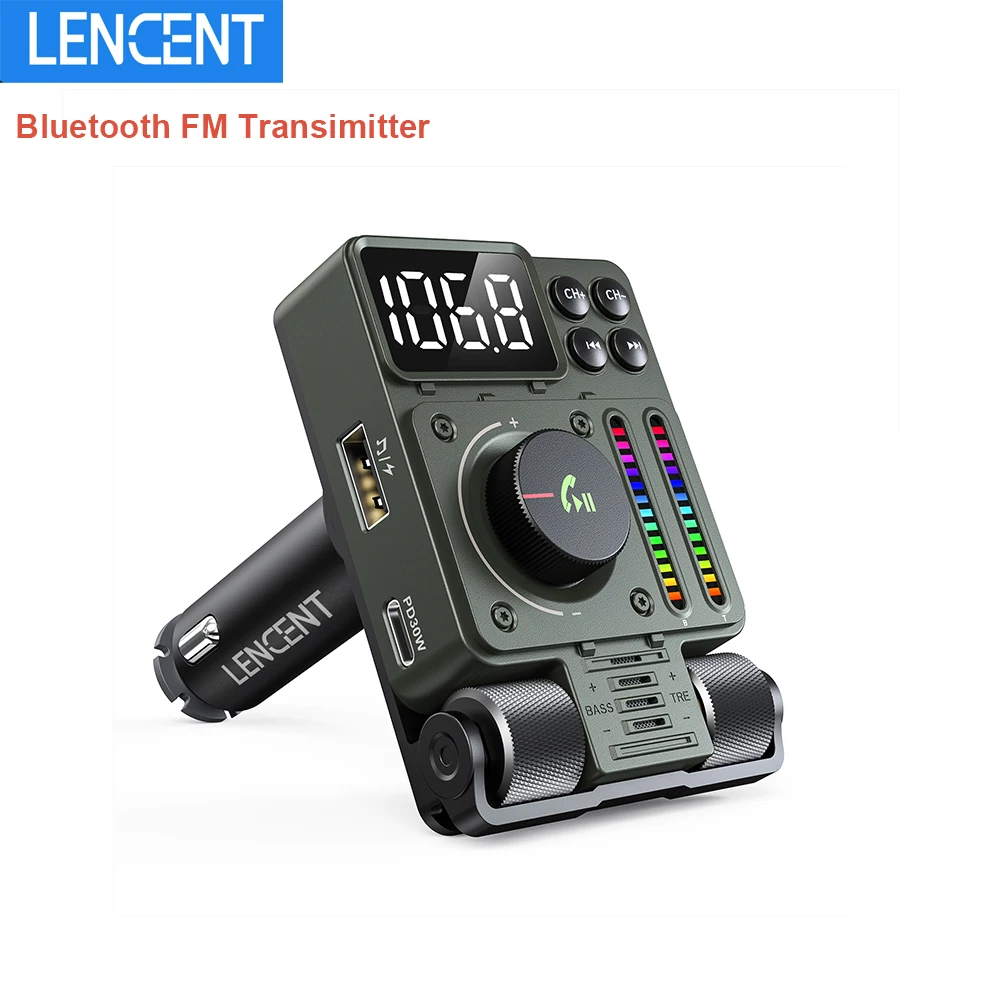 LENCENTFMBluetooth53TransmitterforCarAdjustableTrebleandBassSoundMusicPlayer
