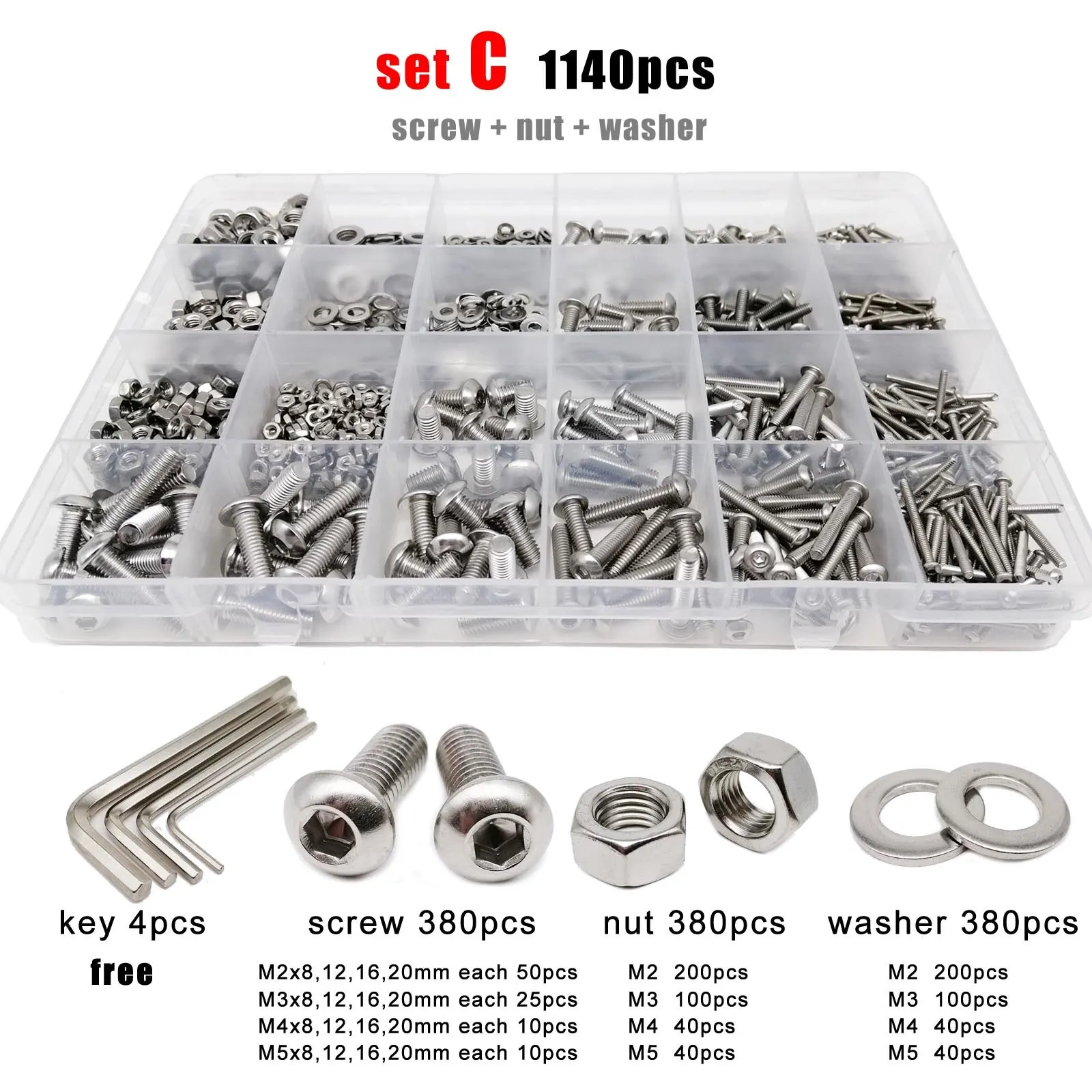 Allen Hexagon Hex Socket Button Round Head Screw Bolt Nut Set Kit M1.6 M2 M2.5 M3 M4 M5 304 Stainless Steel 625/1140/2100pcs Stainless Steel Screws Screw Bolt Nut Set Hex Nuts Assortment Kit Screw Washer Nut Kit Hexagon Socket Head Cap Screw