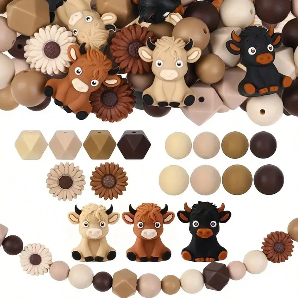 25/34/75PCS 3D Highland Cow und Daisy Silikonperlen-Set, modisches Tier, Blumenform, DIY-Schmuckherstellungsmaterial