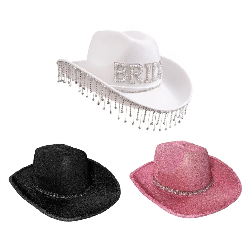 

Glitter Sun-protection Cowboy Hat Spring Summer Sunproof Bride Cowboy Hat Top Hat with Fringe Dropship