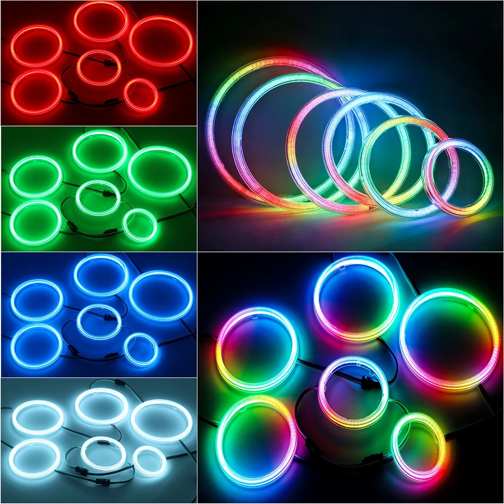 COB RGB DRL 헤일로 링 60-120mm 체이싱 컬러 LED 엔젤 아이즈 (자동차/오토바이용) DC5V 블루투스/WiFi 앱 컨트롤 컬러 COB 엔젤