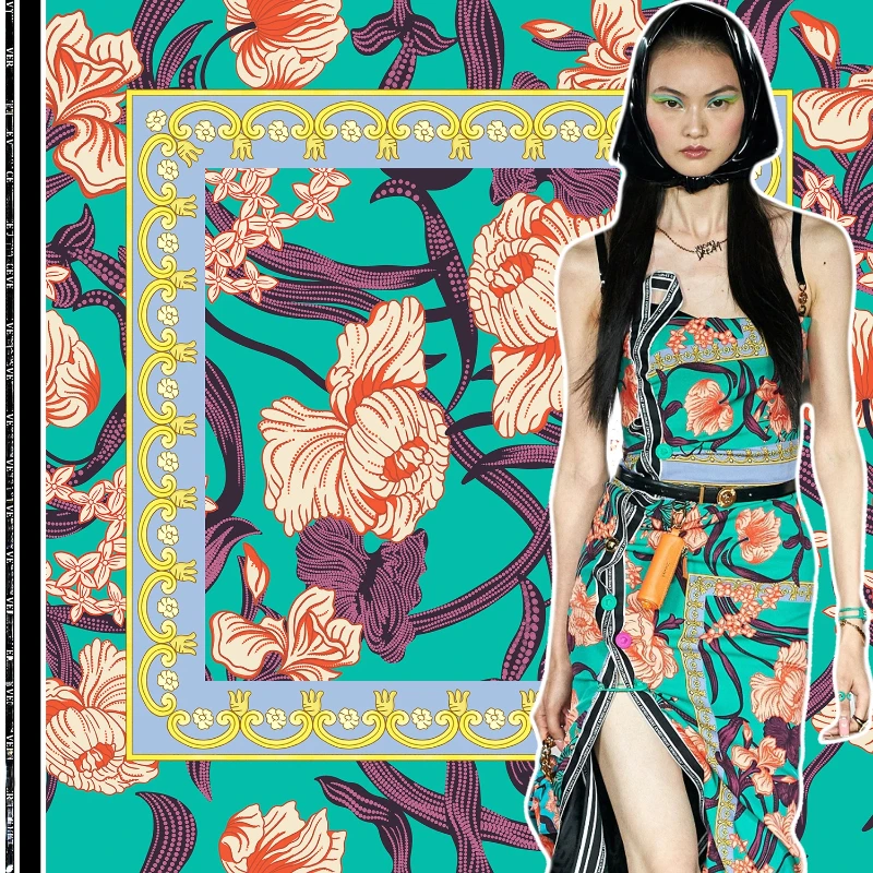 New green flower 2022 printed imitation silk satin dress shirt