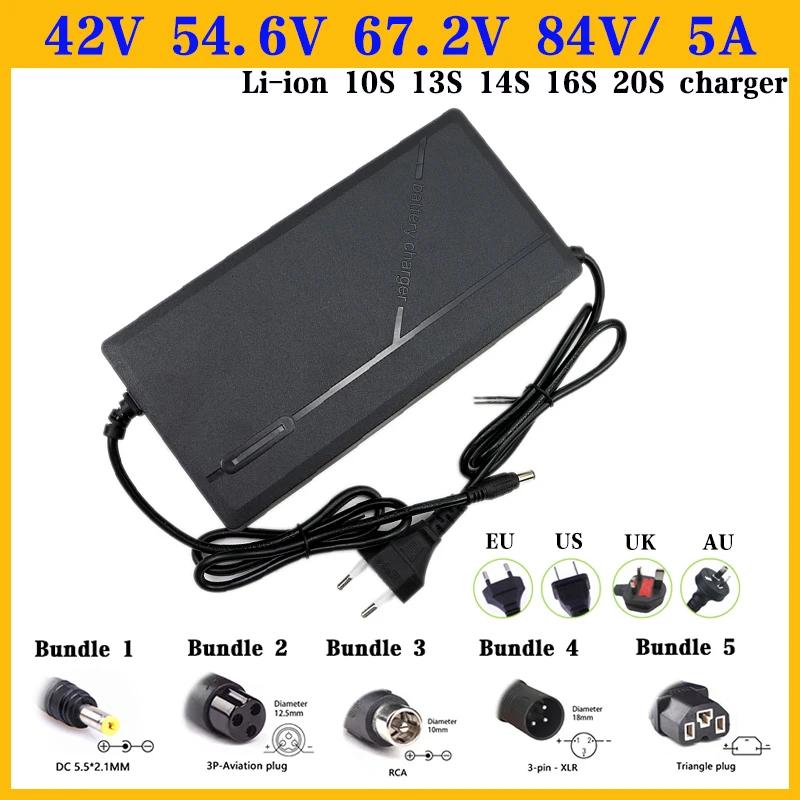 

36V 48V 52V 60V 72V 2A 3A 5A 10S 13S 16S 20S Li-ion Battery Charger 42V 54.6V 58.8V 67.2V 84V 2A 3A 5A Intelligent Fast Charger