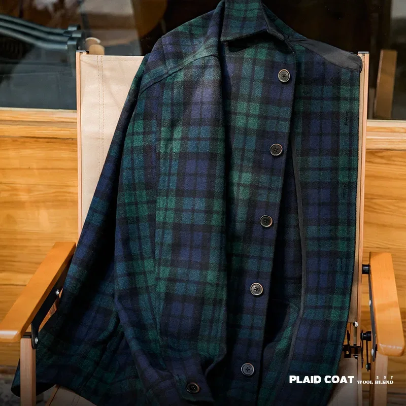 Maden Vintage Blue and Green Plaid Wool Jacket Loose Thickened Plaid Shirt Jacket Men's Casual Shirt Coat Male Warm Outwear 4
