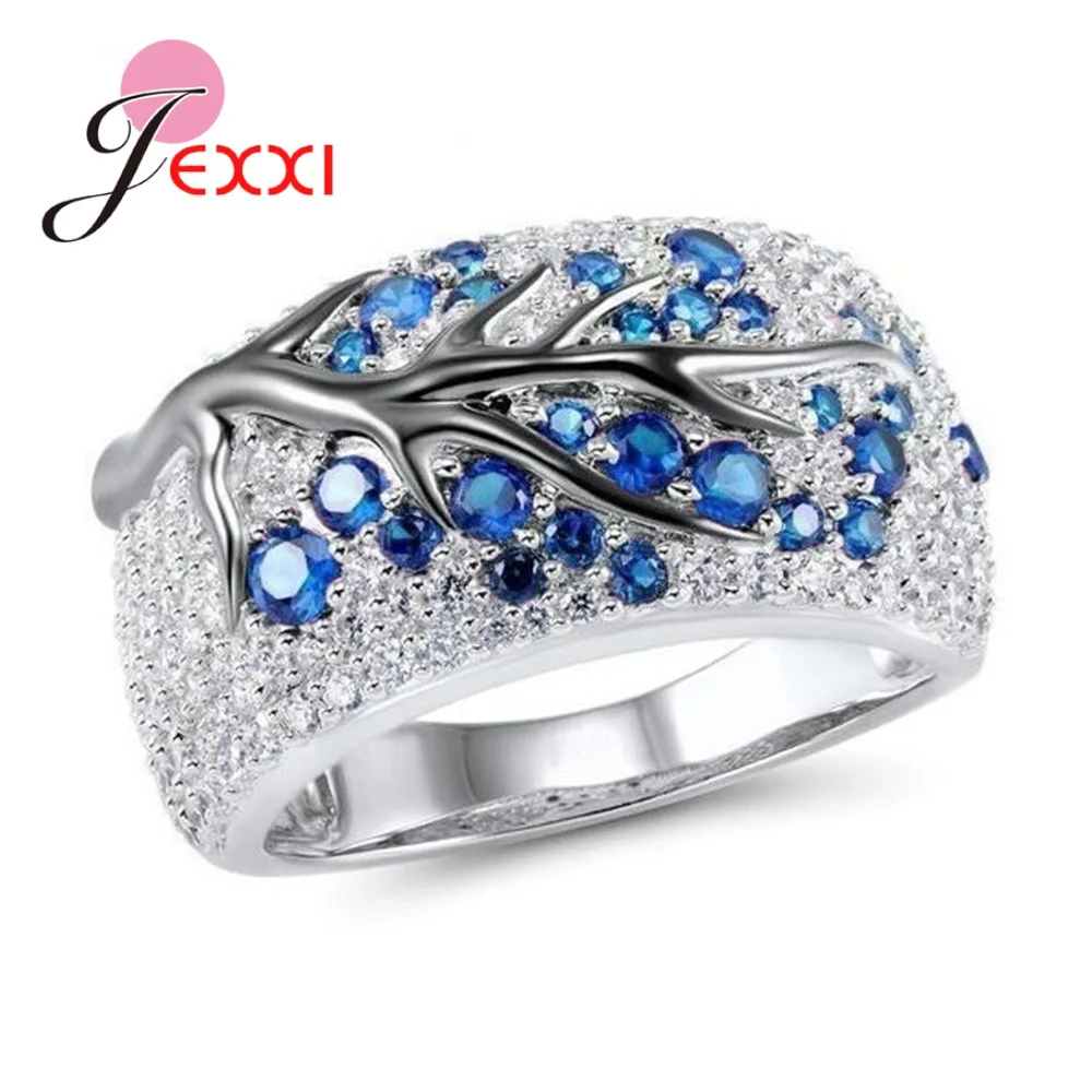 Solid 925 Silver Color Austrian Crystal Finger Rings Colorful Tree Original Design Men Women Couple Jewelry