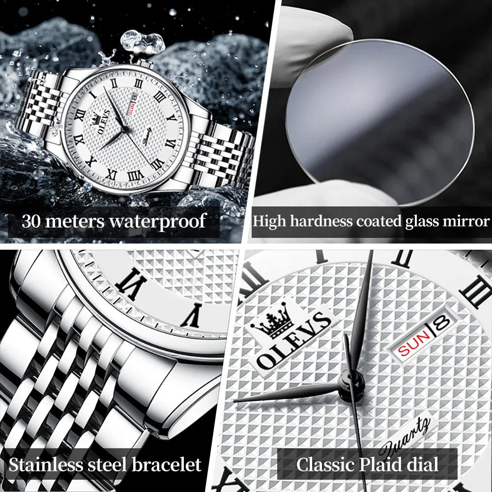 OLEVS Original Quartz Watch for Man Stainless Steel Strap Waterproof Roman Scale Dial Luxury Wristwatches Relogio Masculino