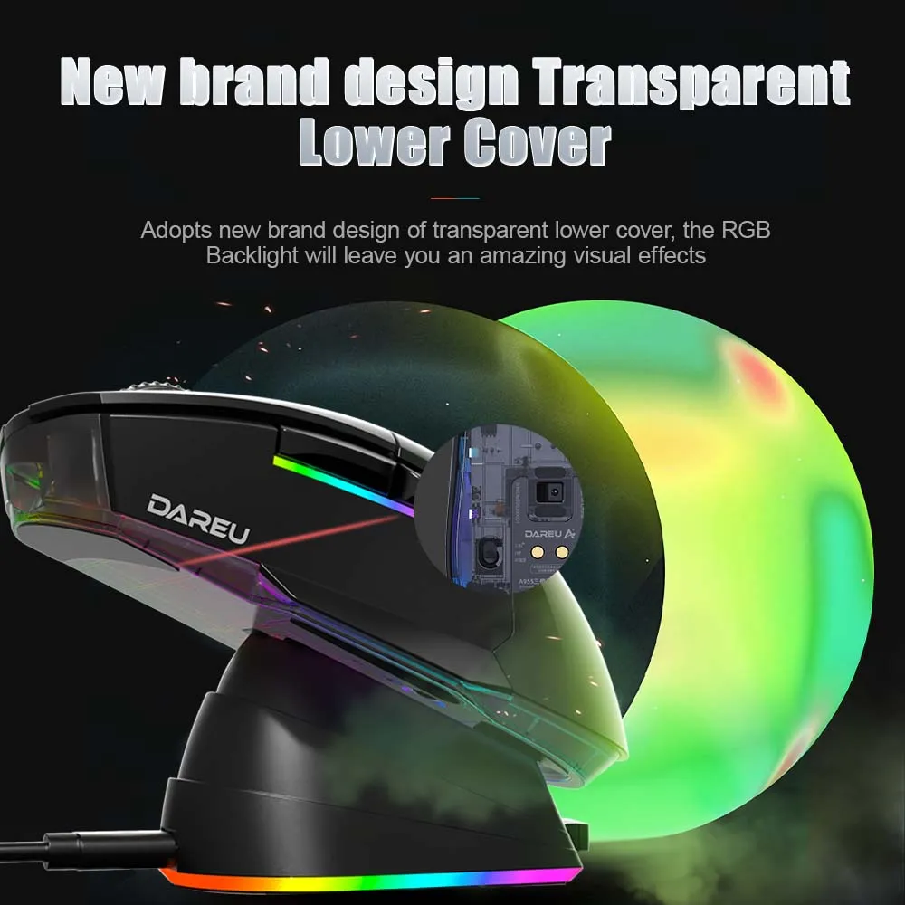DAREU PC Gamer Mouse 12000DPI RGB Tri-mode Wireless Bluetooth Mice Charging Dock AIM-WL Sensor for Laptop PC