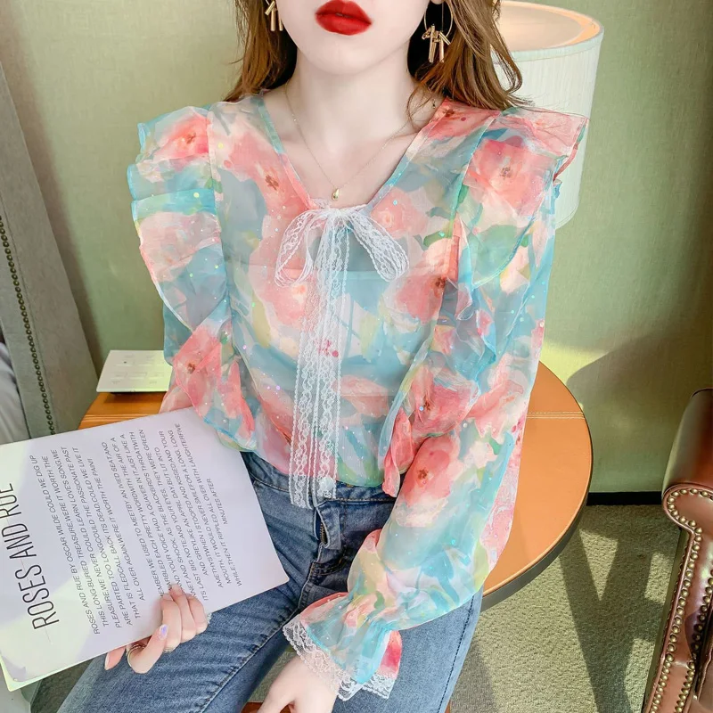 Spring Autumn New Printing Fashion Long Sleeve Blouse Women High Street Casual Elegant Button Patchwork All-match Pullovers
