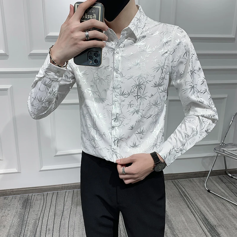 

White Elegant Fitted Mens Shirts Are Unusual Party Social Club Outfits Slim Fit Korean Blouses Wedding Prom Stylish Mens Clothes