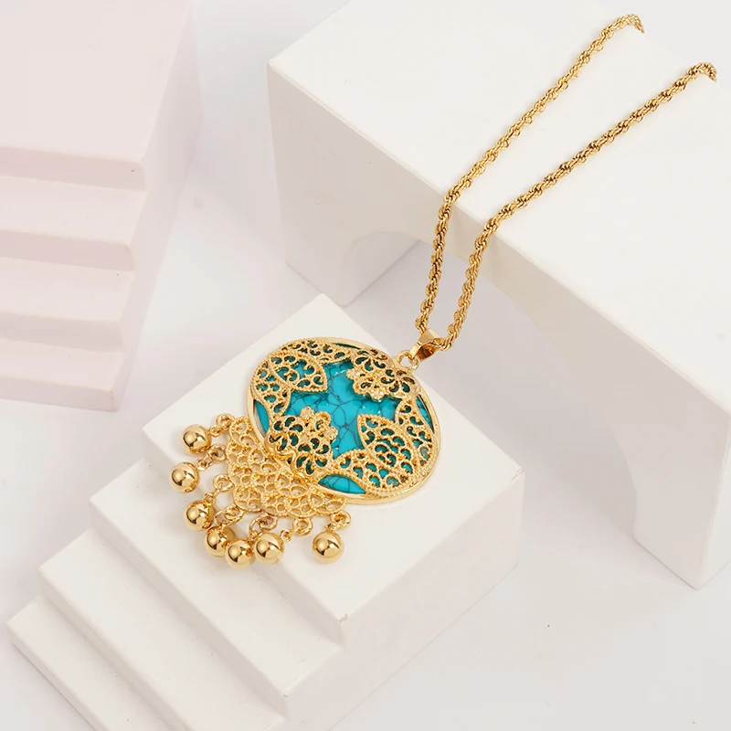 Classic Blue Stone Pendant Necklace Gold Plating Slide Chain Necklace