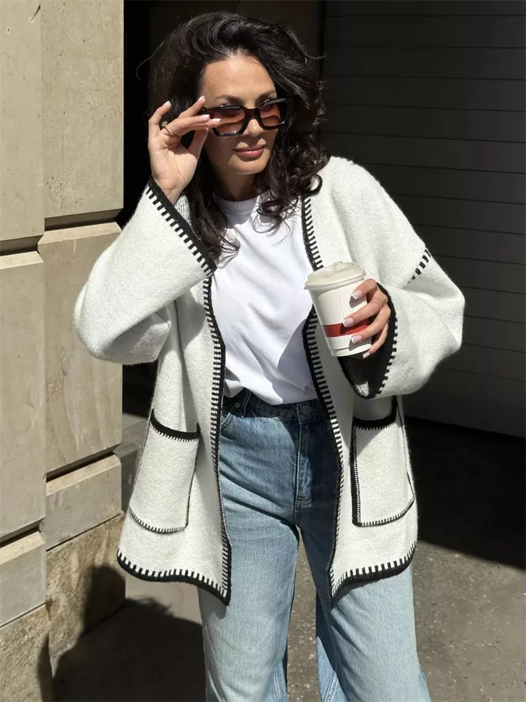Knit Contrast Cardigan Sweater For Women Lace-Up Pocket Long Sleeve Patchwork Loose Coat Autumn Knitwear Women's Outwear