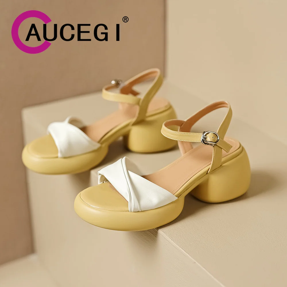 

Aucegi New Design Fold Platform Round Thick Heel Women Sandals 2023 Buckle Ankle Strap Mixed Color Dress Casual Versatile Shoes