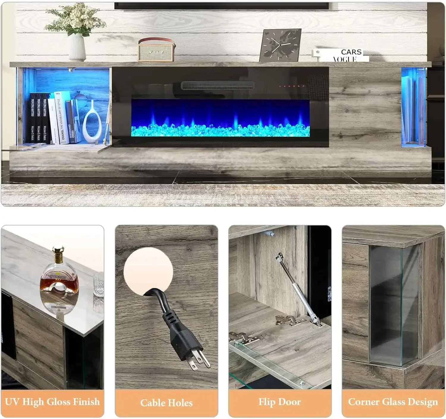 Glossy Oak Fireplace TV Stand with 36" Fireplace, 70" LED Lights Entertainment Center with Flip Doors & Corner Glass Decor 6