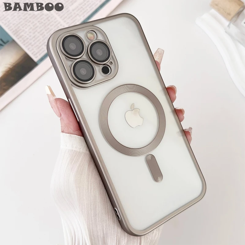 

Luxury Matte Plated Anti-drop Clear Soft Phone Case for iPhone 15 14 Plus 13 12 11 Pro Max With Lens Film Magsafe Magnetic Cover
