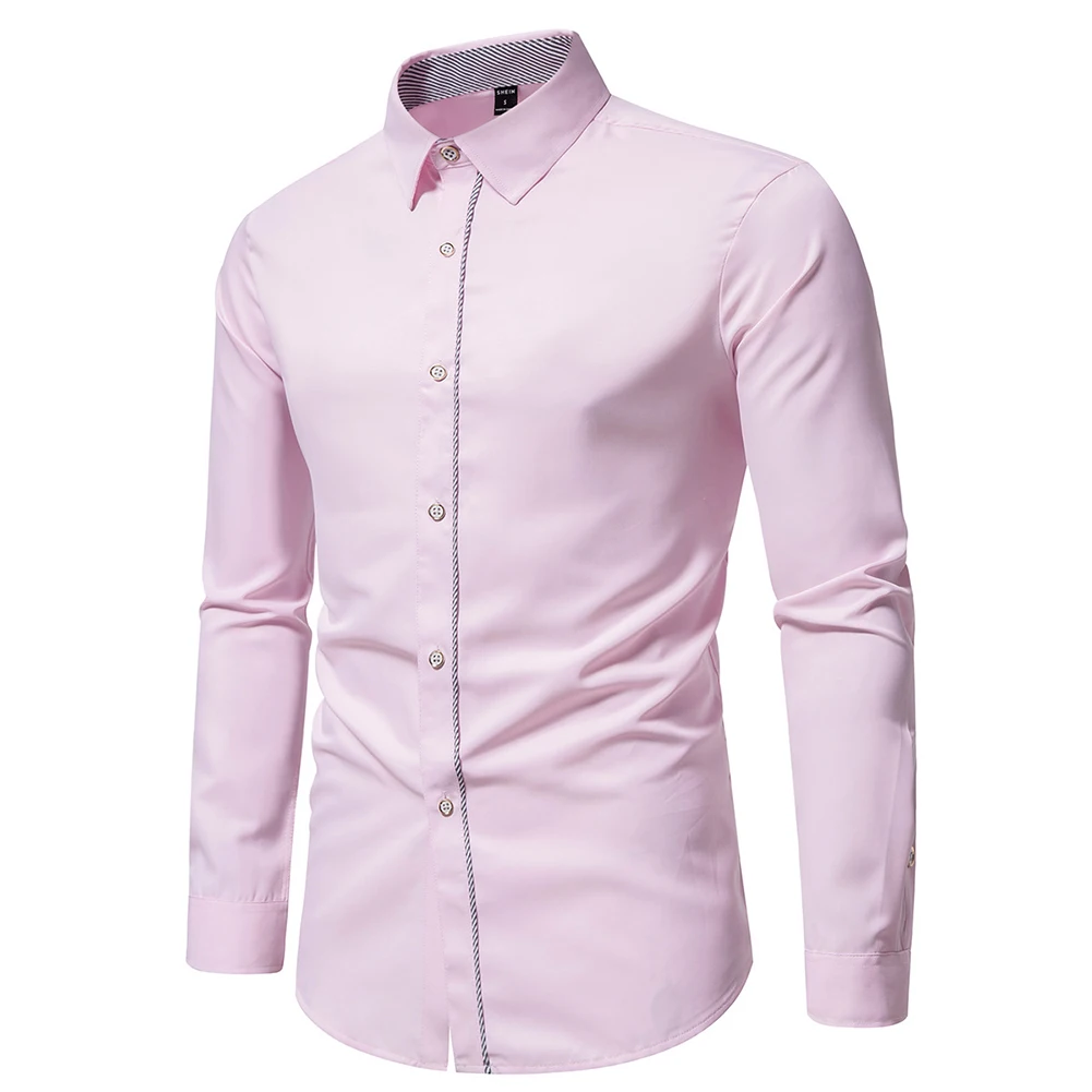 

Solid Color Long Sleeve Shirt for Men Lapel Button Blouse Top Casual Autumn Shirt in Black White Blue Pink