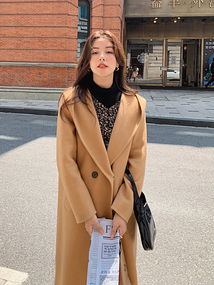 

Merino Wool Hooded Coat for Women, Warm Commuting, Soft, Monochromatic, One-Button Long Coat, New, Autumn and Winter, 2024