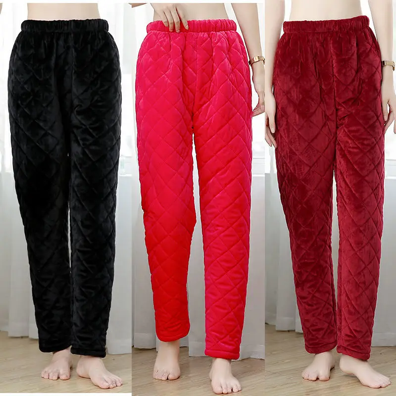 

2023 Winter New Sleep Bottoms Plush Thickened Women's Pajama Pants Plus Cotton Thickened Three Layers Large Size Solid Pajamas