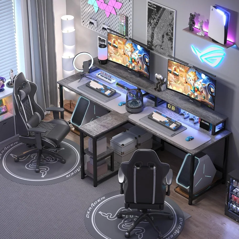 "dual workspace desk with led lighting, 83.7" office desk for two with monitor stand and integrated power outlets, rustic style