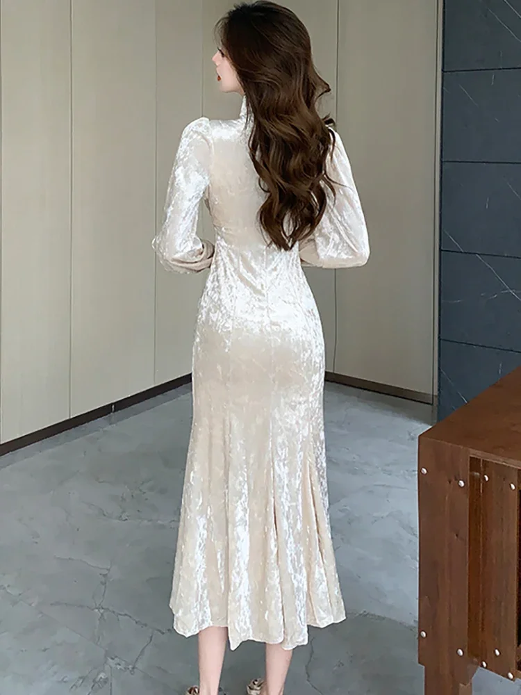 chinese dress ladies Amazon.com: Long Sleeve Black Velvet Bodycon Split Long Dress Women's  Backless Ruched Back Slit Velour Long Dress : Clothing, Shoes & Jewelry