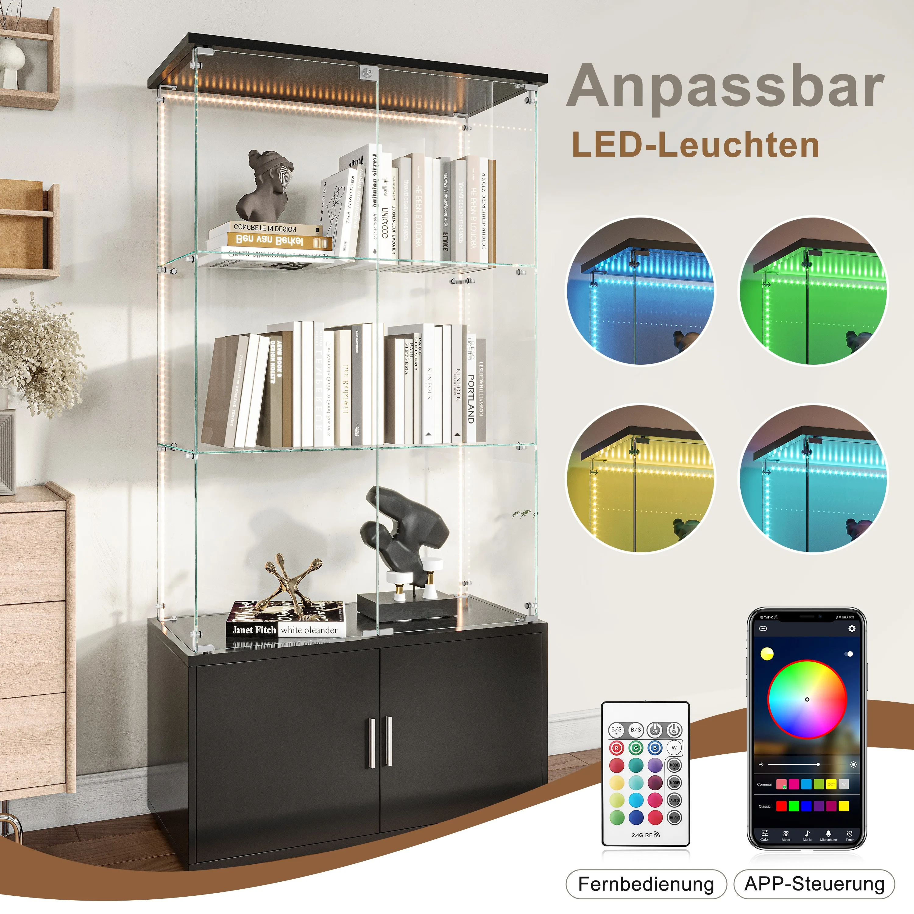 Rosahqnda Glasvitrine mit LED-Beleuchtung, 4 Ebenen & 2 abschließbare Türen, moderner Holzschrank für Sammlervitrinen – Detail 35