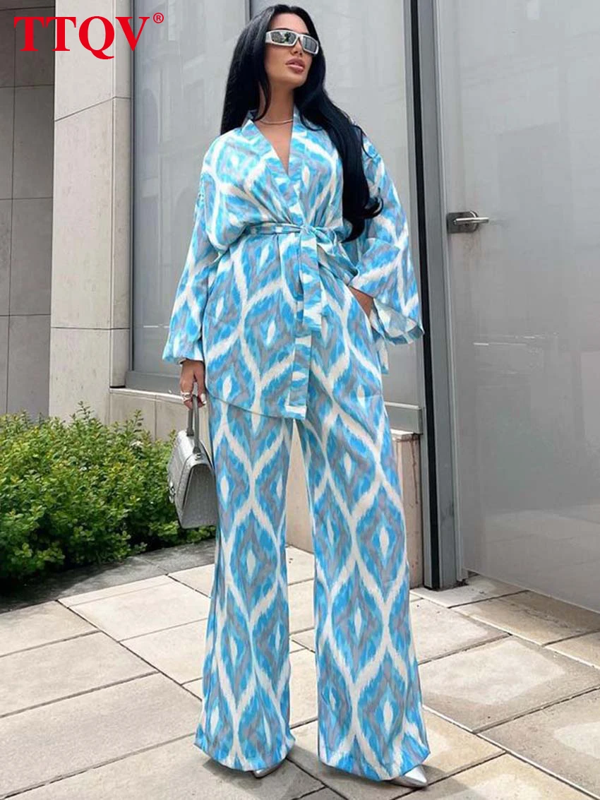 

TTQV Fashion Blue Print Sets For Women 2 Pieces Casual New Long Sleeve Lace-Up Shirts And High Waisted Straight Trousers Sets